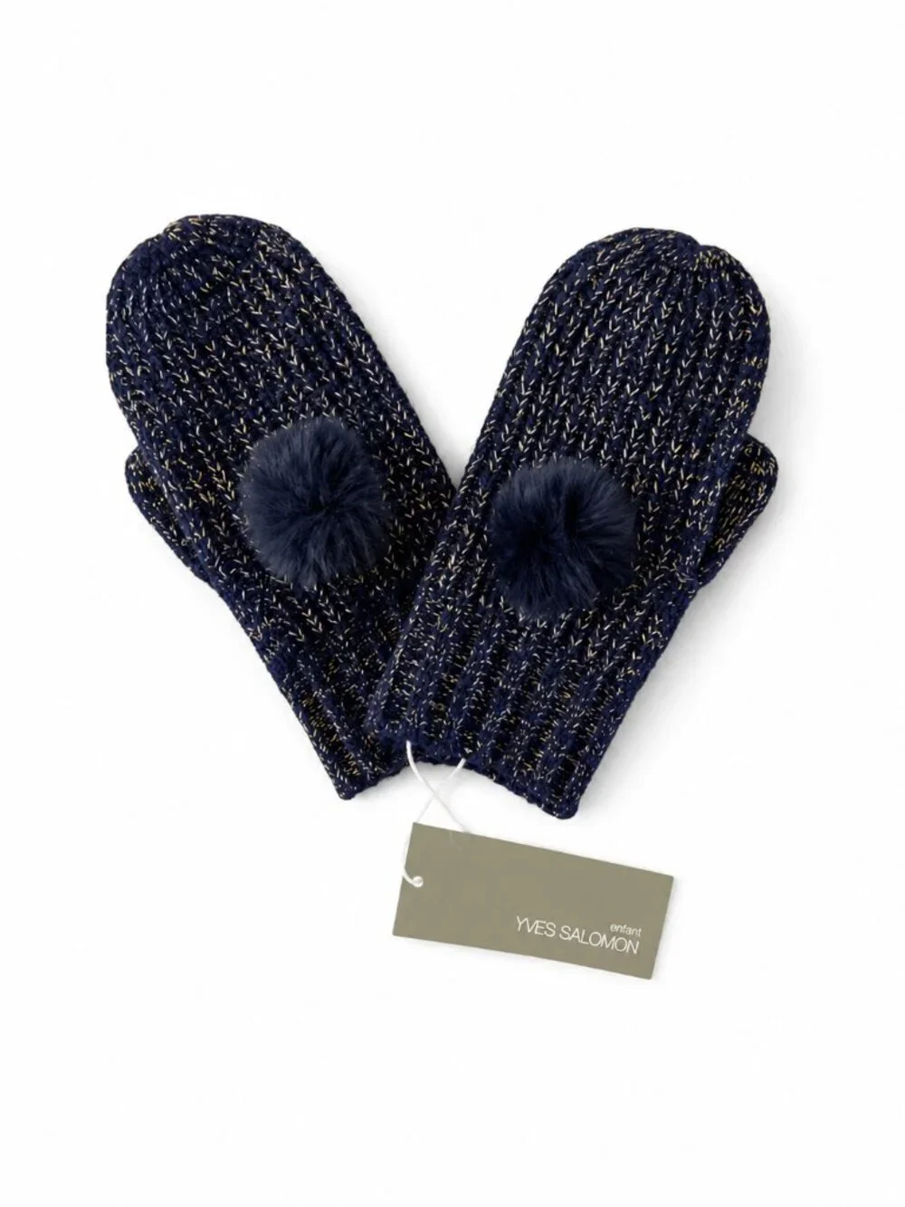 Yves Salomon Enfant Rex Rabbit Fur Pom Metallic Knit Mittens NWT Made in France